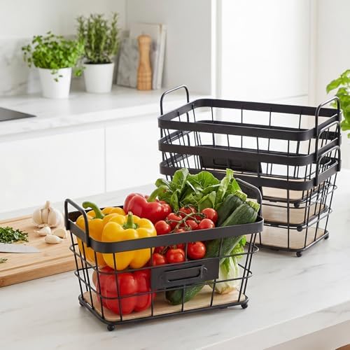 4 Pcs Black Metal Wire Storage Baskets with Wood Bottoms,Small - Image 6