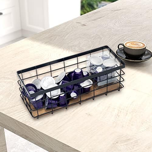 TIEYIPIN Farmhouse Small Metal Wire Storage Basket Bin, Rustic Home Storage Organizer with Wooden Bottom for Kitchen, Cabinets, Bathroom Counter, Pantry, Garage, Laundry Room - Black (2 Pack) - Image 7