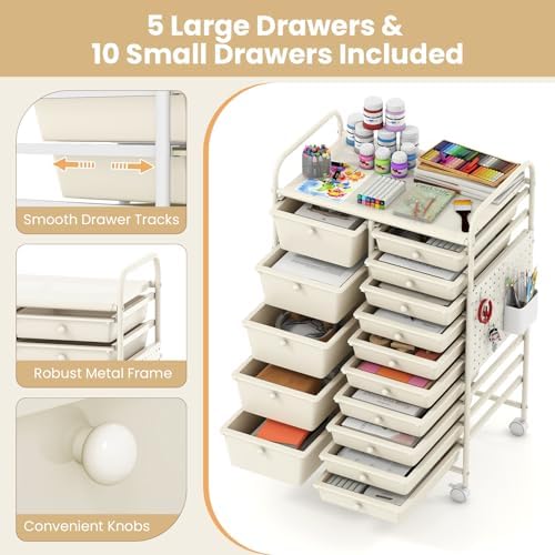 Giantex 15 Drawer Storage Cart, Rolling Craft Cart with Metal Tabletop & Pegboard, Mobile Utility Organizer Trolley with Locking Wheels, Home Office, Classroom, Teacher Supplies, Ivory - Image 6