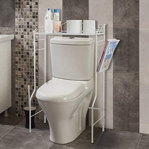 MyGift Over Toilet Storage Shelf with Magazine Basket, White Metal - Image 2