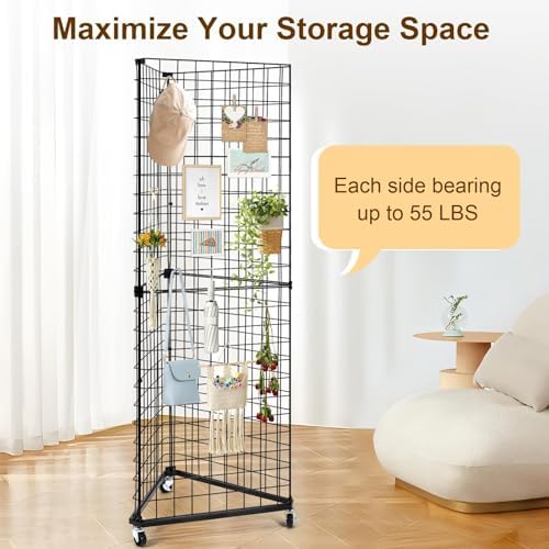 GADFISH Triangular Gridwall Panel Display Stand, Black Triangle Wire Grid Tower with Base and Casters, 24" x 68" Rolling Grid Wall, Panel Stand for Home Organization, Retail, Trade Show, Vendor - Image 4