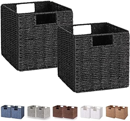 Vagusicc Wicker Basket, Set of 2 Woven Storage Baskets for Shelves, Foldable Cube Storage Basket Bins with Handles, 9 inch Small Storage Baskets for Organizing Pantry Bedroom, Black by Vagusicc