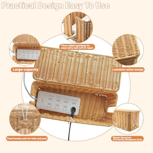 2 Pcs Handmade Cable Management Boxes Rattan Cable Organizer Large & Medium Cord Hider Organizer Boxes Power Strip Boxes Locked Cover with 2 Open Slots for Home and Workplace - Image 2