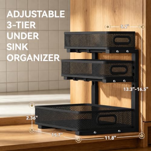 1 Pack 3 Tier Under Sink Organizer with Pull Out Drawer, Height Adjustable Heavy Duty Metal Under Cabinet Organizer, Smooth Sliding Storage Shelf for Kitchen, Bathroom Cabinet Organization, Black - Image 2