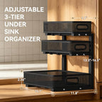 1 Pack 3 Tier Under Sink Organizer with Pull Out Drawer, Height Adjustable Heavy Duty Metal Under Cabinet Organizer, Smooth Sliding Storage Shelf for Kitchen, Bathroom Cabinet Organization, Black - Image 2