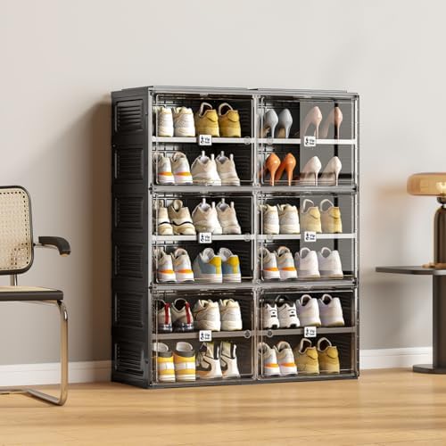 Vipbox Black Shoe Rack Organizer Cabinet for Closet Entryway,Clear Shoe Storage Boxes Stackable Sneaker Storage with Door Easy Assembly Shoe Cabinet with Lids Large 6 Tiers 24 Pairs - Image 6
