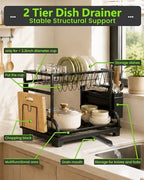2-Tier Foldable Dish Drying Rack with Drainboard, Stainless Steel Large Capacity Kitchen Counter Organizer with Cup Holder, Utensil & Cutting Board Storage, No Assembly Required, Black - Image 6