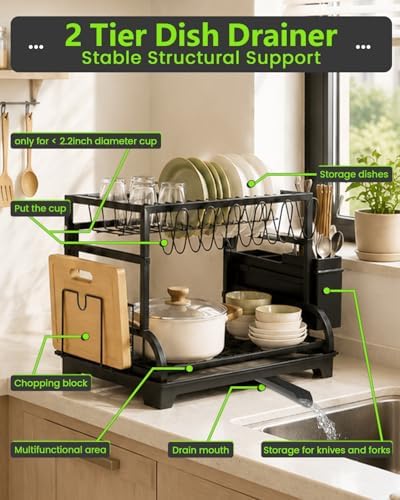 2-Tier Foldable Dish Drying Rack with Drainboard, Stainless Steel Large Capacity Kitchen Counter Organizer with Cup Holder, Utensil & Cutting Board Storage, No Assembly Required, Black - Image 6