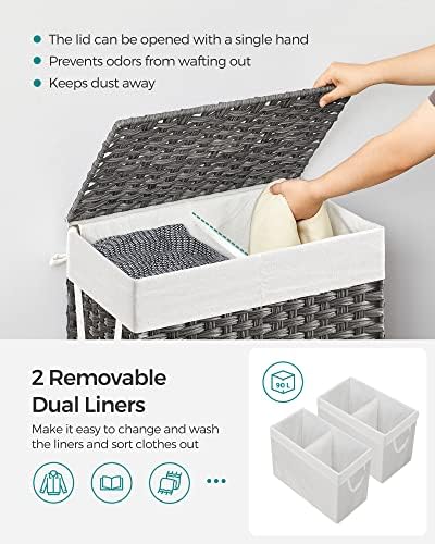 SONGMICS Laundry Hamper with Lid, 90L Double Wicker Basket, 6 Mesh Bags - Image 3