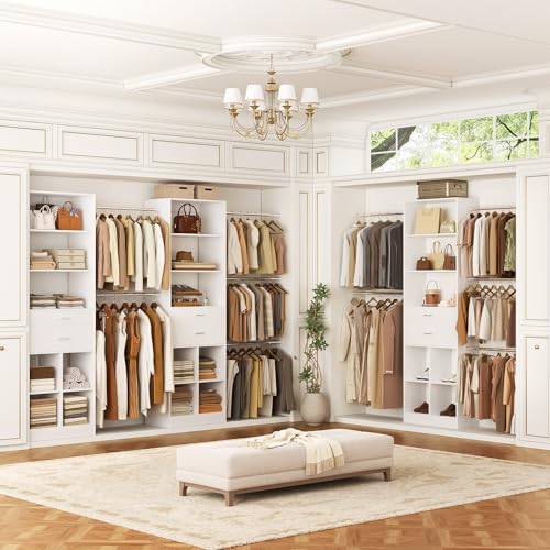 Besiost Closet System, 4-8 FT Closet Organizer Tower with 2 Wooden Drawers and 5 Hanging Rods, Can Fit 60 to 96 inch Walk-in Closet System, White - Image 2
