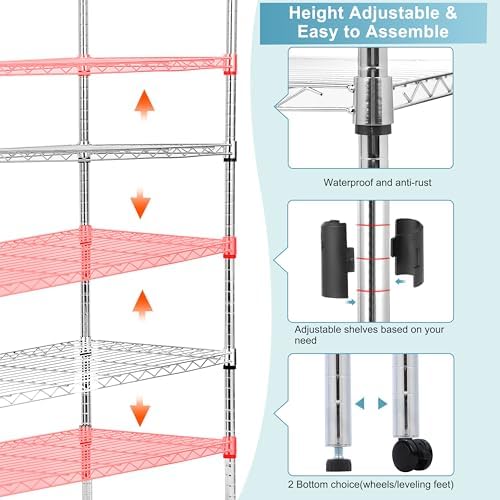 Whitmor 5 Tier Storage Shelves, Heavy Duty with Wheels, Adjustable Steel Organizer, 200 lbs Capacity per Shelf, Max 1000 lbs Total for Home, Garage, Workshop, 36" L x 18" W x 71" H, Chrome - Image 4