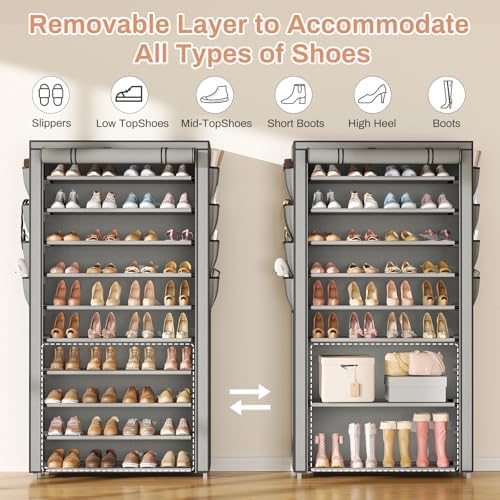 VTRIN Tall Shoe Rack with Cover, 10 Tier Shoe Organizer Storage for 50-55 Pairs Shoes and Boots Large Capacity Shoe Shelf with 8 Pockets Free Standing Shoe Rack for Closet, Entryway, Garage, Grey - Image 6
