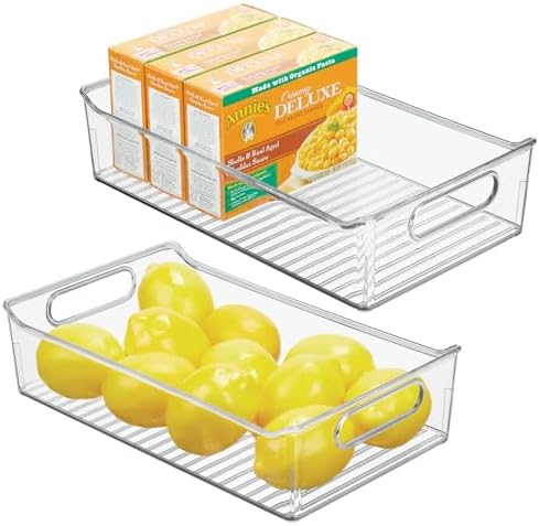 mDesign Plastic Kitchen or Pantry Storage Bins with Handles - Organization in Cabinet, Fridge or Freezer - Fruit Container for Refrigerator or Food Organizer for Pasta, Ligne Collection, 2 Pack, Clear by mDesign