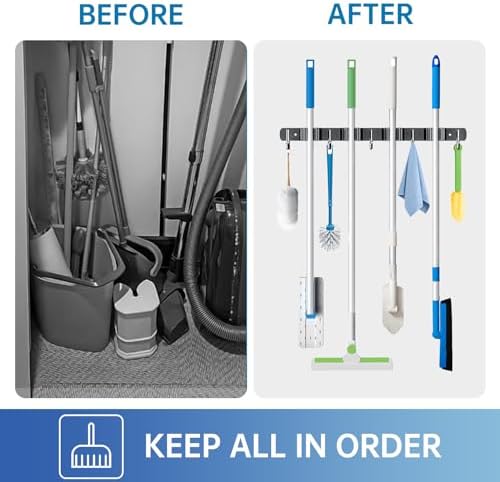 ZONGOOL 2 Pack Mop Broom Holder Wall Mount 4 Racks 5 Hooks Storage Black - Image 5