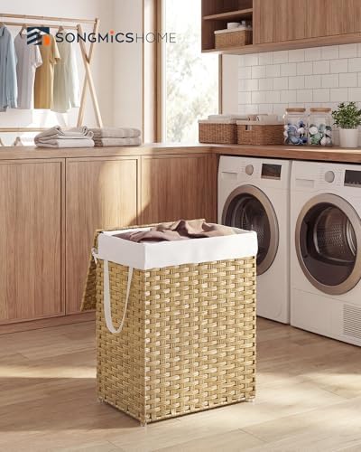 SONGMICS HOME Laundry Hamper with Lid, Clothes Basket with Removable Liner and Handles, 23.8 Gallon, Foldable Narrow Laundry Organizer for Bathroom, Bedroom, Light Brown - Image 2