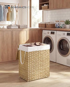 SONGMICS HOME Laundry Hamper with Lid, Clothes Basket with Removable Liner and Handles, 23.8 Gallon, Foldable Narrow Laundry Organizer for Bathroom, Bedroom, Light Brown - Image 2