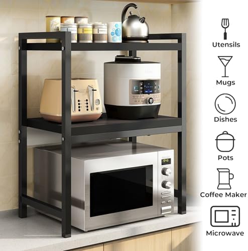 Y YOMA Extendable Microwave Oven Rack, 3 Tier Metal Kitchen Countertop Organizer with 6 Hooks, Adjustable Shelf for Bakers, Holds 60lb, Black - Image 6