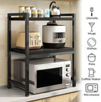Y YOMA Extendable Microwave Oven Rack, 3 Tier Metal Kitchen Countertop Organizer with 6 Hooks, Adjustable Shelf for Bakers, Holds 60lb, Black - Image 6