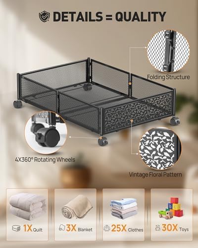 Under Bed Storage with Wheels, Foldable Pattern Carved Metal Under Bed Storage Containers, 60L Rolling Underbed Storage, Easy Assembly Under The Bed Storage for Shoes, Clothes, Blankets... - Image 3