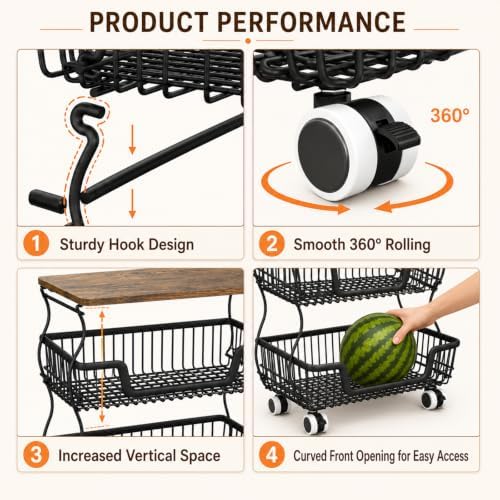 Fruit and Vegetable Storage, 2 Pack 3 Tier Fruit Basket with Wooden Top Table Kitchen Pantry Storage Bins and Organizers, Stackable Metal Rolling Cart for Vegetable Snacks Drinks Onion Organization - Image 4
