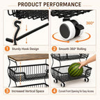 Fruit and Vegetable Storage, 2 Pack 3 Tier Fruit Basket with Wooden Top Table Kitchen Pantry Storage Bins and Organizers, Stackable Metal Rolling Cart for Vegetable Snacks Drinks Onion Organization - Image 4