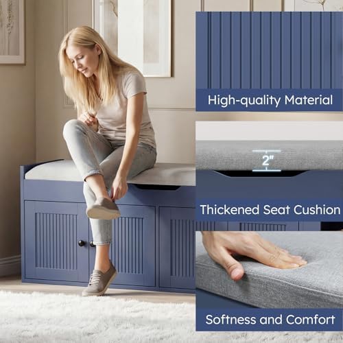 47.2" Storage Bench - Entryway Shoe Bench with Side Storage Shelves and 4 Doors, Multifunctional Entryway Bench with Lift Top Cushion, Shoe Storage Bench for Bedroom, Living Room, Navy Blue - Image 7