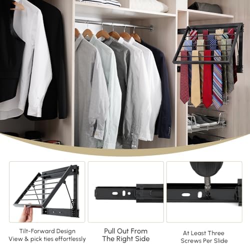 Blulu 13.8'' Sliding Tie Rack for Closet(Right Pull-Out), 60 Tie Pull Out Belt Hanger Wall Mounted Extending Metal Belt Organizer,Black - Image 3