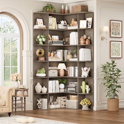 FOTOSOK 72" Tall Corner Bookshelf, 6-Tier Bookshelf and Bookcase, Grey by FOTOSOK