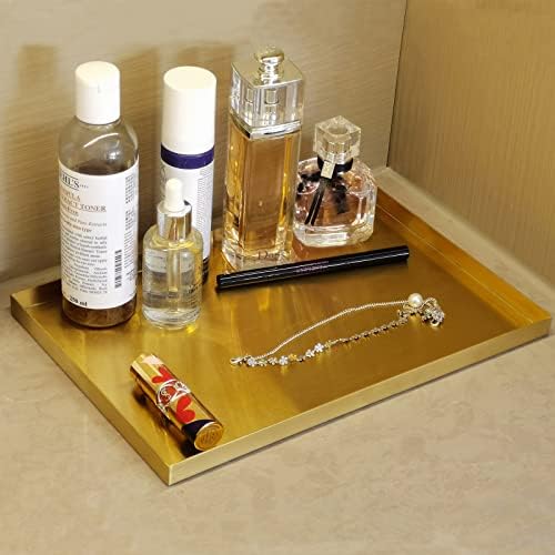 FREELOVE Gold Tray for Bathroom Vanity Brass Decor, Small Candle Holder, Rectangle Soap Dish, Brushed Square Plate, Coffee Table Toilet Back Modern Antique, 8''X12'' - Image 3