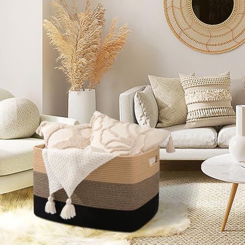 OIAHOMY 118L Extra Large Blanket Basket Cotton Rope Storage Basket Black - Image 6