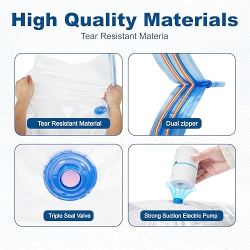 HOUSE DAY 30 Pack Vacuum Storage Bags with Electric Pump, 4 Sizes + 2 Roll-Up (5 Each), Space Saver Vacuum Seal Bags for Clothing, Bedding, Pillows, Travel – Airtight Seal, Reusable & Durable - Image 4