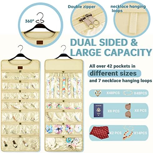 SMRITI Hanging Jewelry Organizer with Dual Zippered Pockets Canvas Double Sided Rotating Hanger Necklace Hanging Wall Organizer Earring Dustproof Holder Wall Mount Accessories Display Bag(Beige) - Image 4