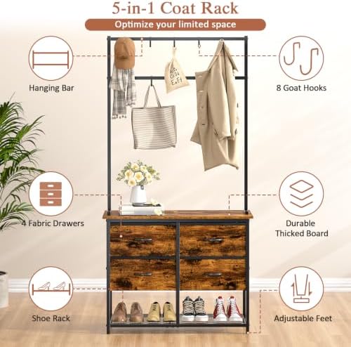 ThreeHio Hall Tree with Shoe Storage Bench, 31.5" Coat Rack for Entryway, 5-in-1 Entryway Organizer with Drawers and Storage Shelf, Steel Frame, with 8 Removable Hooks, Rustic Brown and Black - Image 7