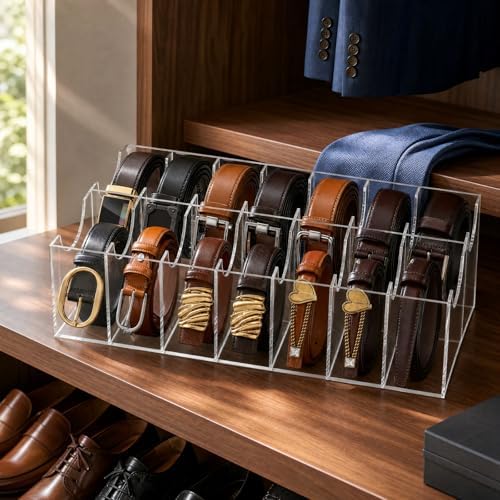 ZENFUN 12 Compartments Belts Storage Box, Acrylic Belt Organizer, Belt Container Storage Holder Clear Belts Display Case for Watch, Hair Accessories, Jewelry, Closet and Drawer - Image 7