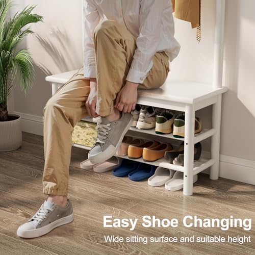 AQIMUELE Coat Rack with Shoe Storage, Wooden Hall Tree with Bench, 11 Hooks and 2-Tier Storage Shelves, 3-in-1, Entryway Bench with Coat Rack (31.5"-White) - Image 6