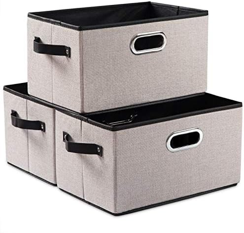 PRANDOM Large Fodable Storage Bins for Closet [3-pack] Decorative Linen Fabric Storage Bins Cubes with Leather/Metal Handles for Shelves Bedroom Living Room Light Grey (14.9x9.8x8.3 Inch) by Prandom