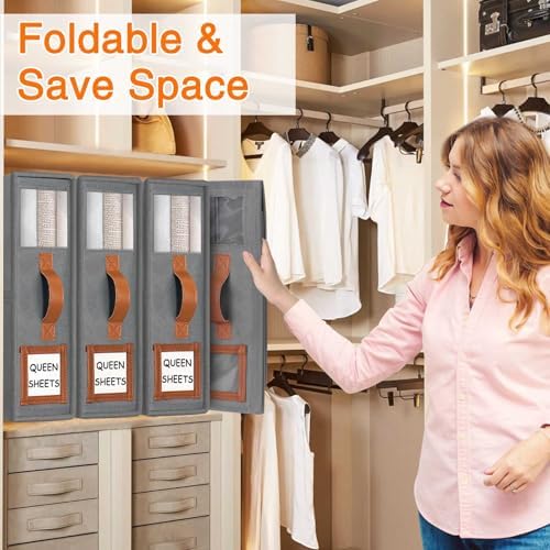 GhvyenntteS 12 Pack Bed Sheet Organizers and Storage, Sturdy Bed Sheet Organizer with Zipper and Handle, Foldable Linen Closet Organizers and Storage with Window and Label, Grey - Image 6