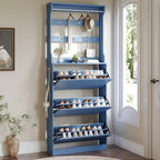 Shoe Cabinet for Entryway with 3 Flip Drawers, Blue Tall Shoe Storage Cabinet with Coat Rack, Wood Narrow Slim Hidden Freestanding Shoe Rack Organizer, 2 in 1 Hall Tree for Living Room, Hallway by Xixini