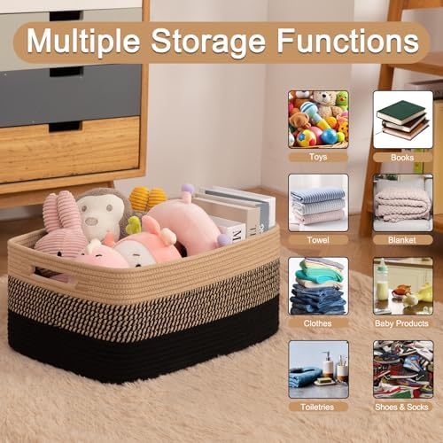 OIASKET Large Storage Basket for Organizing, Woven Rope Basket for Shelves, Closet Organizer Bins for Clothes, Blanket, Toys, Baby Nursery Storage, 17.7" x 13" x 7.87", 2 Packs Black & Brown - Image 3