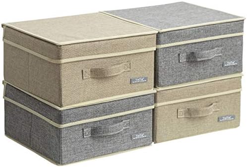 YueYue 4 Pack Small Fabric Storage Box with Lids, Foldable Linen Storage Box with Lids 4 Pieces Gray&Linen Set 12.4in/12in/6.7in by YueYue