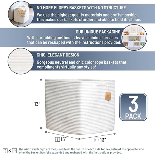 NaturalCozy 13x15x13 Kallax Storage Cubes, 3 Pack | Cotton Rope Cube Storage Bins Woven Baskets for Organizing | Kallax Insert Baskets for Shelves Organizer, Kids Toy, Pantry, Closet, Baby Nursery - Image 2