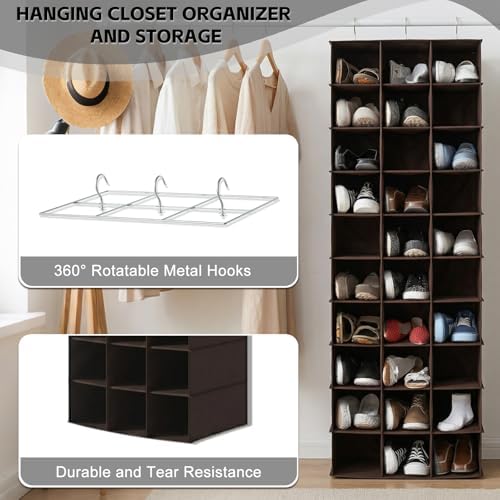 30 Section Hanging Shoe Organizer for Closet, Hanging Closet Organizer and Storage Space-Saving Foldable Clothes Shelf with Sturdy Hooks for Wardrobe, Dorm, Bedroom, Rv, Coffee - Image 4