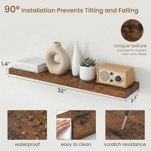 Dreamland 32inch Floating Shelves for Wall, Rustic Brown Floating Shelves for Bathroom|Bedroom|Kitchen, Deep Wall Mounted Book Shelf, Wood Storage Display Shelf for Home Decor, Set of 2 - Image 3
