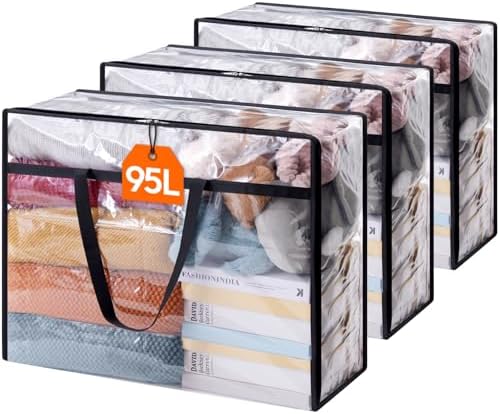 Lifewit 3 Pack Clear Clothes Storage Bags, 95L Plastic Blanket Storage Bag, Vinyl Foldable Moving Bags with Zipper, Closet Organizers and Storage Containers for Bedding, Duvet, Comforter by Lifewit