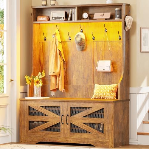 Itaar Hall Tree with Bench and Shoe Storage, 5-in-1 Entryway Bench with Coat Rack, 10 Shoe Cubbies & 9 Coat Hooks, Barn Door & Adjustable Shelf (Rustic Brown) by Itaar
