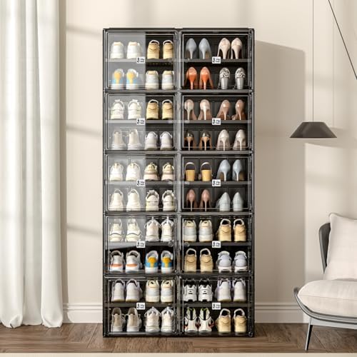 Vipbox Shoe Rack Organizer Cabinet for Closet Entryway,Clear Shoe Storage Boxes Stackable Sneaker Storage with Door Easy Assembly Black Shoe Cabinet with Lids Large 10 Tiers 40 Pairs - Image 2