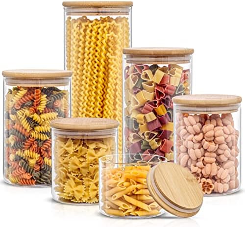 JoyJolt Borosilicate Glass Jars With Bamboo Lids. 6 Pc Set of Air Tight Sealable Containers. Food Jar Canisters with Airtight Lid for Pantry Storage and Kitchen Organization. by JoyJolt