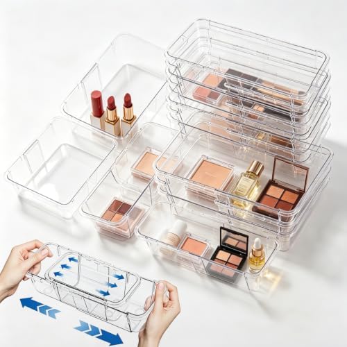 15 Pack Adjustable Drawer Organizers-Expandable Storage Bins with Non-Slip Design, Modular Drawer Dividers for Makeup, Bathroom Vanity, Cosmetics, Jewelry, Toiletries, Office Supplies and Kitchen by Costrade