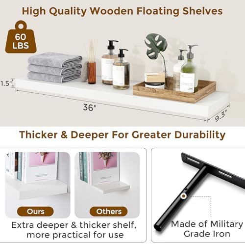 Floating Shelves for Wall, 36 inch White Wall Shelves Set of 2 - Image 3