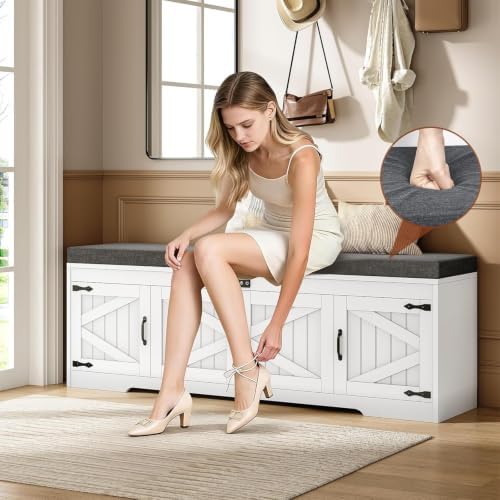 UPOSOJA 60“ Farmhouse Shoe Storage Bench with Deodorizing, Entryway Storage Bench with Cushion Seat, 4 Doors Freestanding Hidden Shoe Rack, Adjustable Shelf, for Bedroom, Living Room (White, 60IN) - Image 6